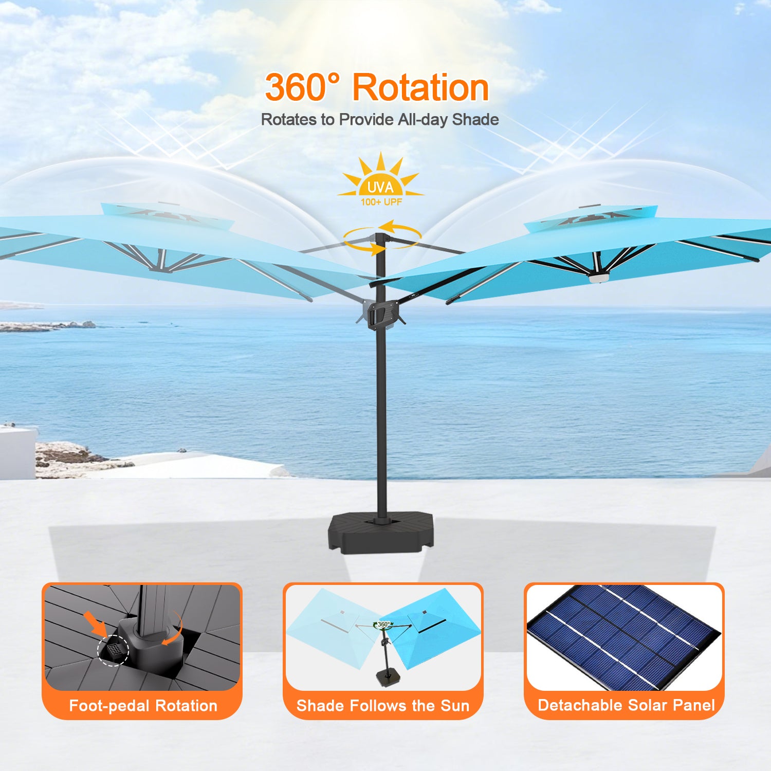 ハンギングパラソル ターコイズ フットペダル式360度回転の日陰調整機能 - Parasoru