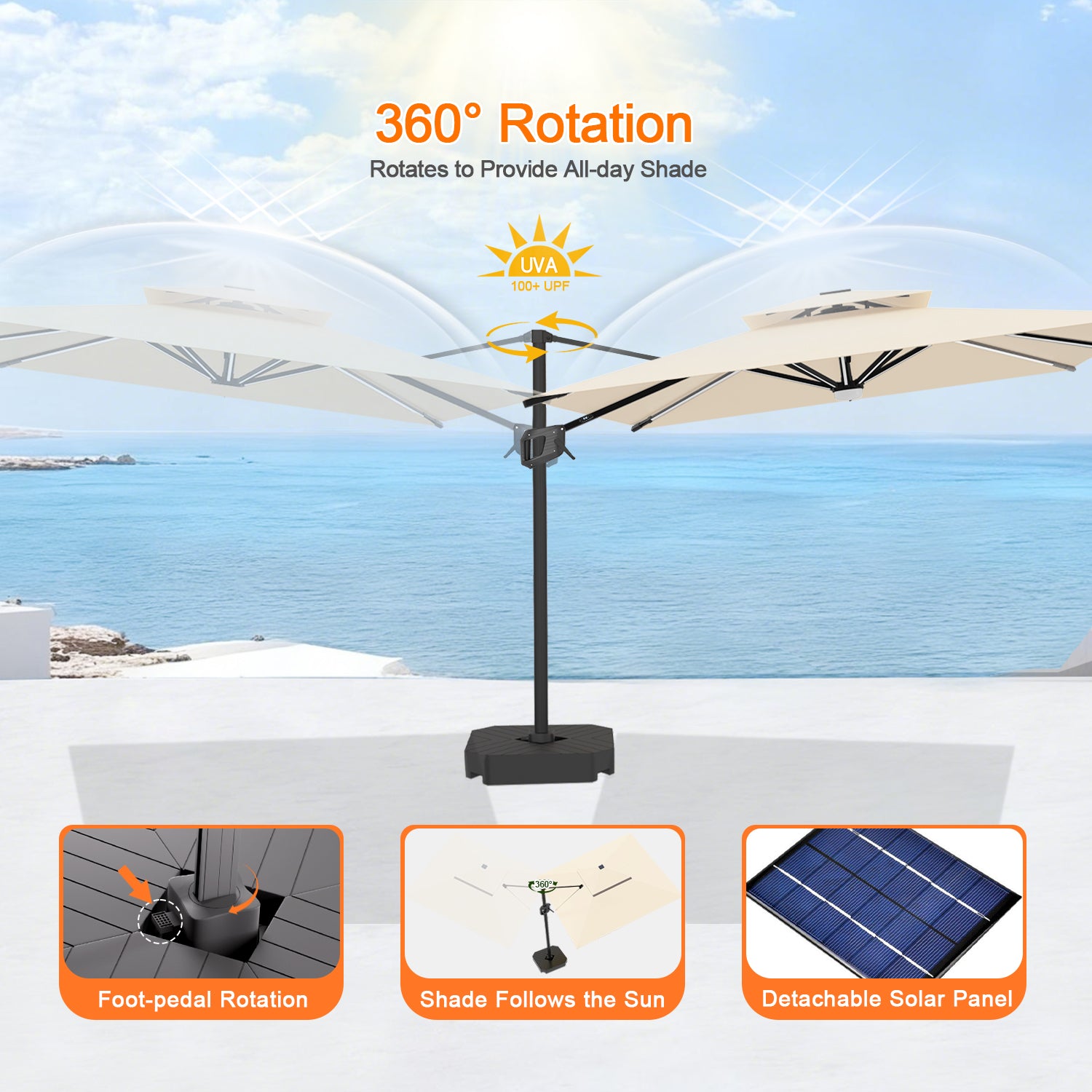 ハンギングパラソル クリームホワイト フットペダル式360度回転の日陰調整機能 - Parasoru