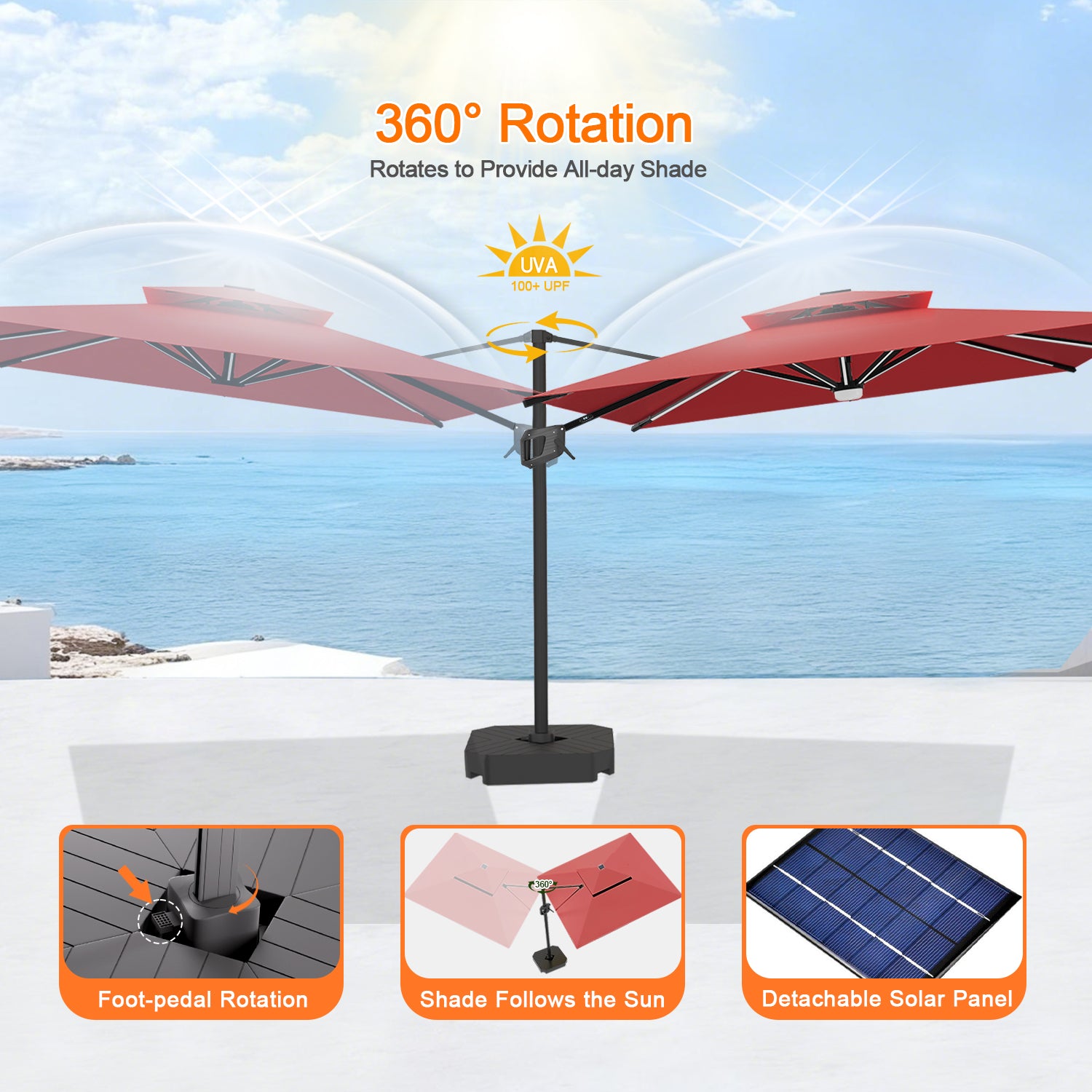 ハンギングパラソル レッド フットペダル式360度回転の日陰調整機能 - Parasoru