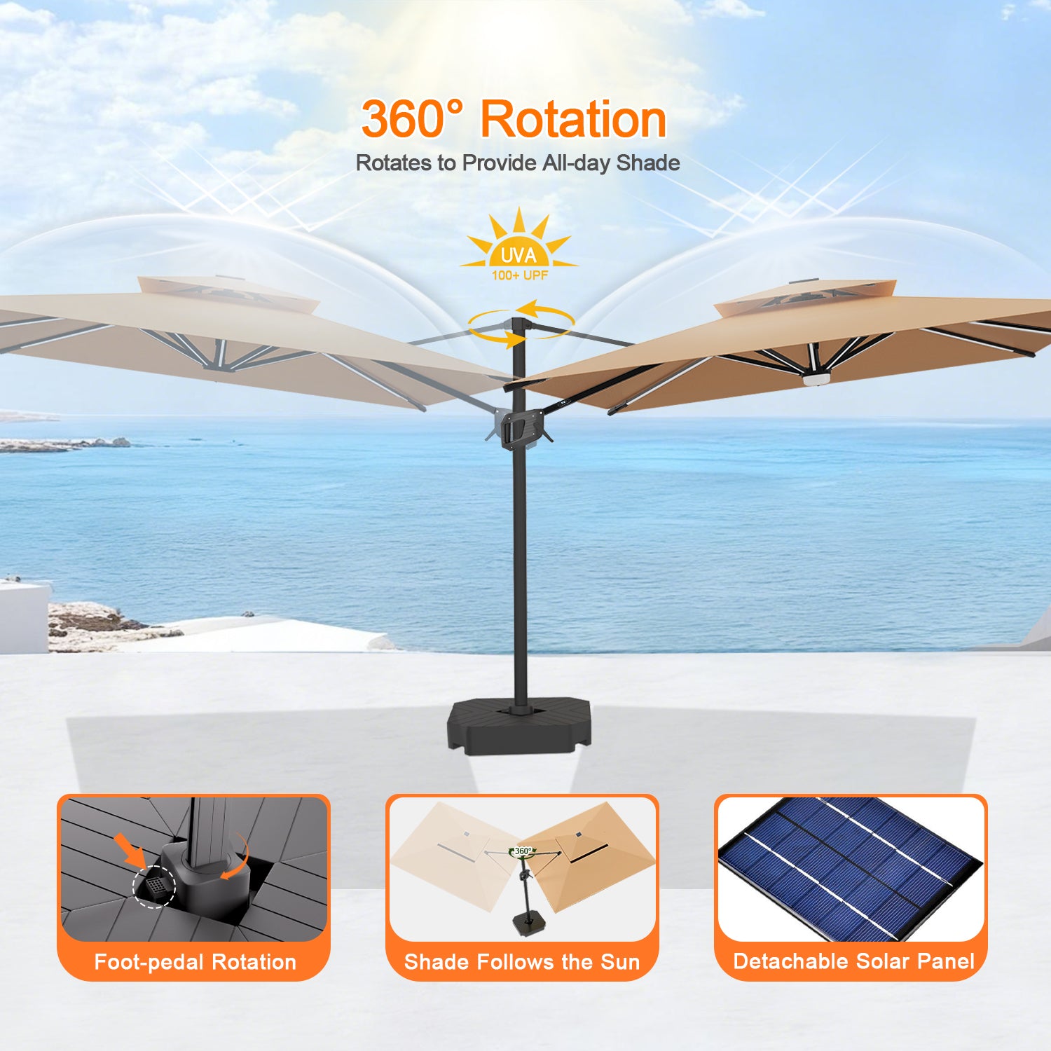 ハンギングパラソル カーキ フットペダル式360度回転の日陰調整機能 - Parasoru