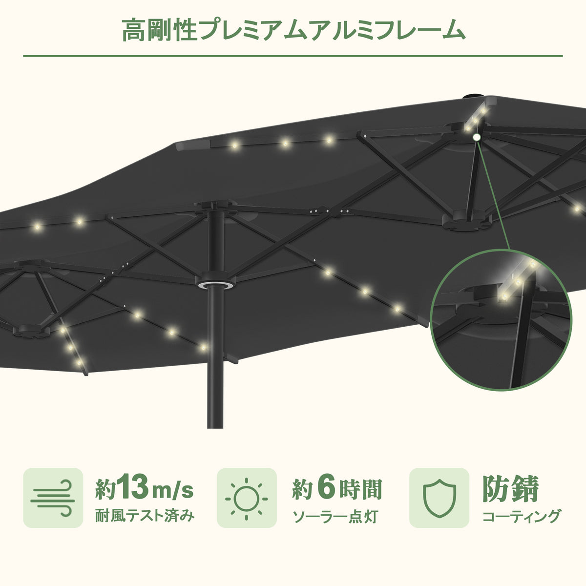 3连ガーデンパラソル ブラック 耐風13m/s・防錆アルミ・6時間点灯 - Parasoru