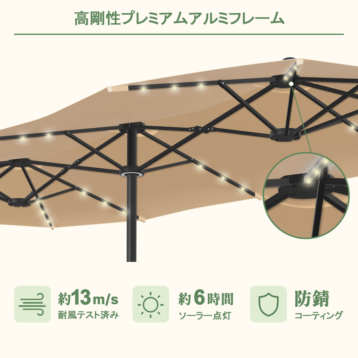 3连ガーデンパラソル ベージュ 耐風13m/s・防錆アルミ・6時間点灯 - Parasoru
