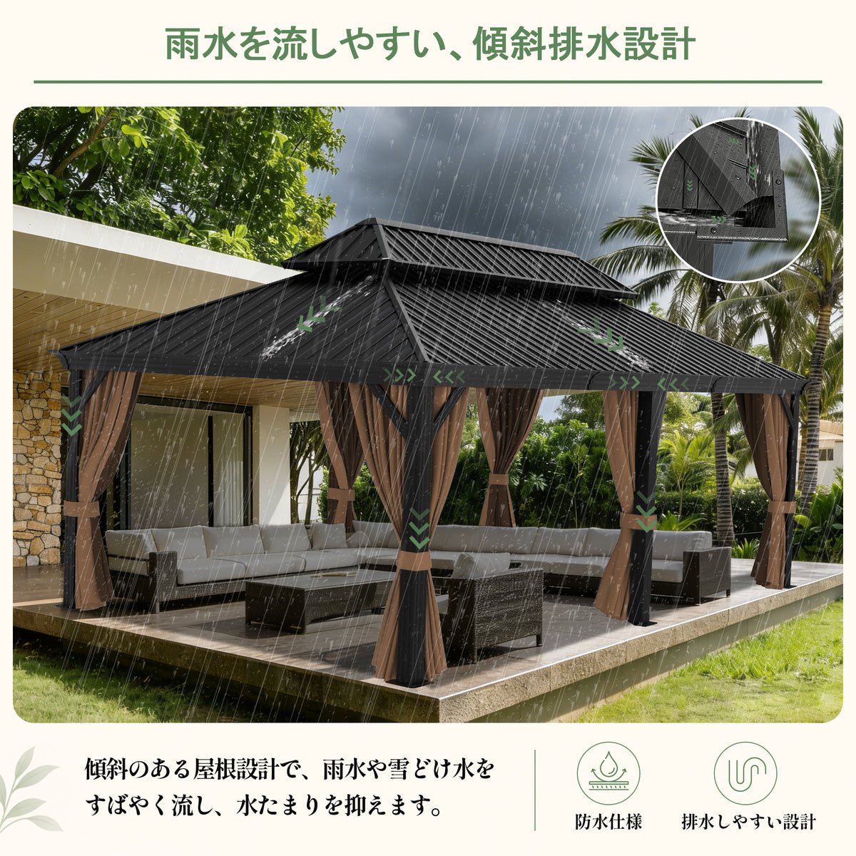 ハードトップガゼボのブラウン 雨水やすき間水を流す傾斜排水設計 - Parasoru
